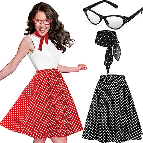 Toulite 2 Set 6 Stück 50er Jahre Frauen Kostüme 1950er Jahre Pudel Rock Zubehör für Frauen 50er Jahre Outfits Retro Schwarz und Rot Rock Vintage Chiffon Schal Hals Kopftuch Augenbrille für Halloween von Toulite