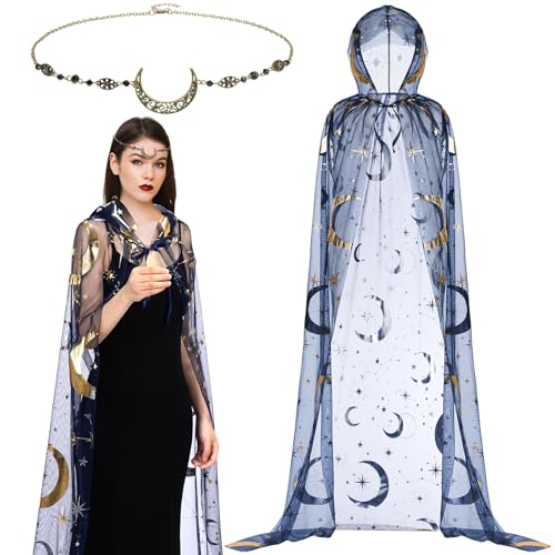 Toulite 2-teiliges Halloween-Hexenkostüm-Set, Zauberin, Kapuzenumhang für Frauen und Mond-Kopfkette, Halloween, Cosplay, Dunkelblau, Einheitsgröße von Toulite