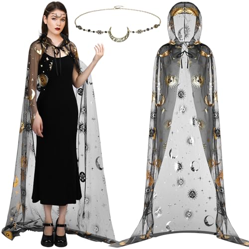 Toulite 2-teiliges Halloween-Hexenkostüm-Set, Zauberin, Kapuzenumhang für Frauen und Mond-Kopfkette, Halloween, Cosplay, Schwarz, Einheitsgröße Toulite 2-teiliges Halloween-Hexenkostüm-Set, Zauberin, Kapuzenumhang für Frauen und Mond-Kopfkette, Halloween, Cosplay, Schwarz, Einheitsgröße von Toulite