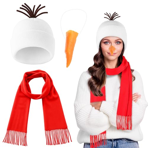 Toulite 3-teiliges Schneemann-Kostüm-Set, Unisex, weiße Beanie-Mütze, Karottennase und roter Schal für Weihnachten, Kostümzubehör, Winter, Cosplay, Party von Toulite