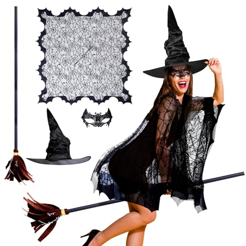 Toulite 4 Stück Halloween Hexenhut und schwarz verzaubertes Netz Kostüm Zubehör Maskerade Maske Zauberer fliegender Besen Stick für Halloween Party Cosplay Kostüm Zubehör von Toulite