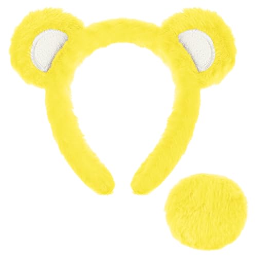 Toulite Bärenohren-Stirnband und Schwanz-Set, Halloween-Bär-Kostüm, Cosplay, Zubehör, Tierohr-Kopfbedeckung für Party, Gelb von Toulite