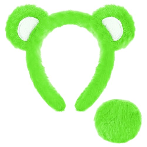 Toulite Bärenohren-Stirnband und Schwanz-Set, Halloween-Bär-Kostüm, Cosplay, Zubehör, Tierohr-Kopfbedeckung für Party, Grün von Toulite