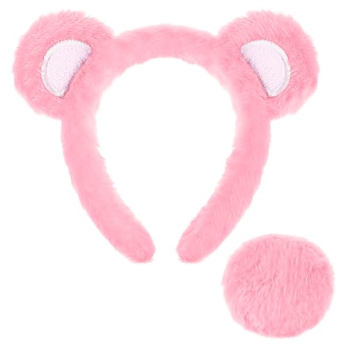 Toulite Bärenohren-Stirnband und Schwanz-Set, Halloween-Bär-Kostüm, Cosplay, Zubehör, Tierohr-Kopfbedeckung für Party, Rosa von Toulite