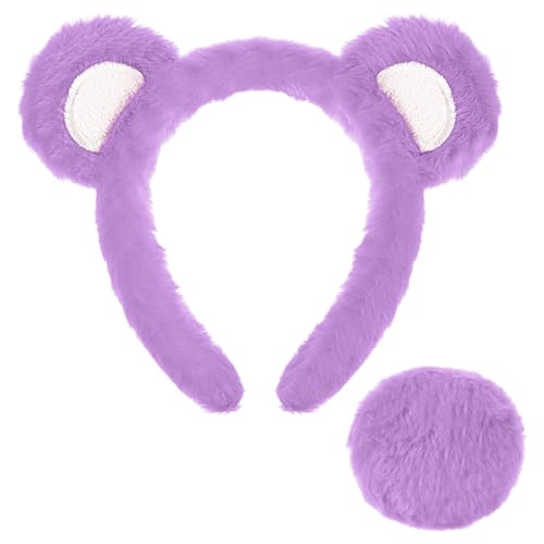 Toulite Bärenohren Stirnband und Schwanz Set Halloween Bär Kostüm Cosplay Zubehör Frauen Tier Ohr Kopfbedeckung für Party, Helles Violett, 7.9 × 6.7 × 0.8 inch von Toulite
