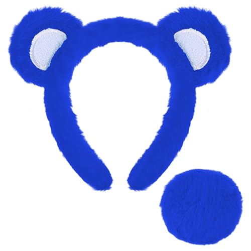 Toulite Bärenohren Stirnband und Schwanz Set Halloween Bär Kostüm Cosplay Zubehör Frauen Tier Ohr Kopfbedeckung für Party, Königsblau, 7.9 × 6.7 × 0.8 inch von Toulite