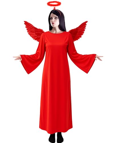 Toulite Engelskostüm für Damen und Mädchen, rotes Engelskleid mit Stirnband und Flügel, Krippen-Kostüm für Weihnachten (130 cm), 3-teilig von Toulite