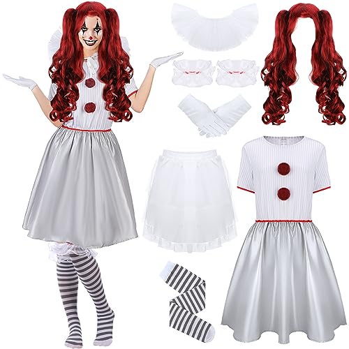 Toulite Halloween Carnevil Clown-Kostüm für Damen, Clown-Perücke, Clown-Kostüm für Halloween, gruselige Cosplay-Party, Größe L, Weiß von Toulite