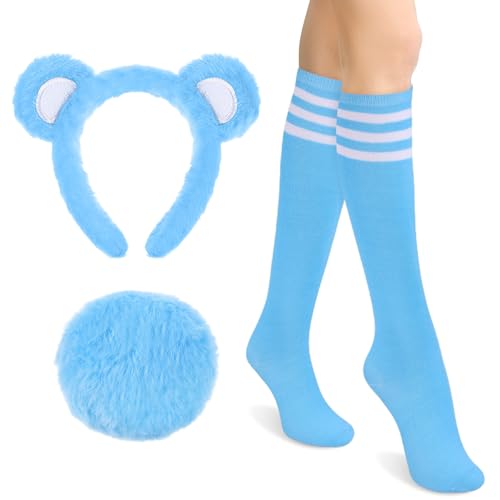 Toulite Kniestrümpfe mit Bärenohren, Stirnband, Schwanz, Streifen, Bär, Tier-Kostüm, Zubehör für Damen, Halloween, Cosplay, Party, Blau, M von Toulite