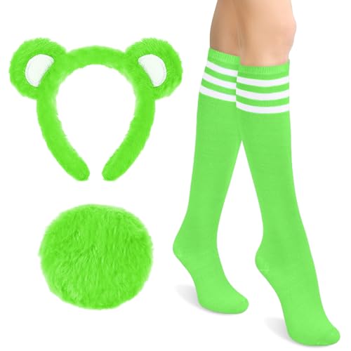 Toulite Kniestrümpfe mit Bärenohren, Stirnband, Schwanz, Streifen, Bär, Tier-Kostüm, Zubehör für Damen, Halloween, Cosplay, Party, Grün , M von Toulite