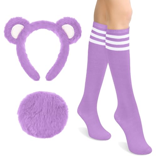 Toulite Kniestrümpfe mit Bärenohren, Stirnband, Schwanz, Streifen, Bär, Tier-Kostüm, Zubehör für Damen, Halloween, Cosplay, Party, Königsblau, M von Toulite