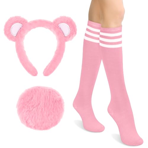 Toulite Kniestrümpfe mit Bärenohren, Stirnband, Schwanz, Streifen, Bär, Tier-Kostüm, Zubehör für Damen, Halloween, Cosplay, Party, Pink, M von Toulite
