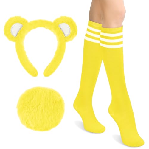 Toulite Kniestrümpfe mit Bärenohren, Stirnband, Schwanz, Streifen, Bär, Tier-Kostüm, Zubehör für Damen, Halloween, Cosplay, Party, gelb, M von Toulite