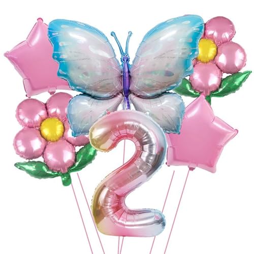 2. Geburtstag Folienballon Set, Schmetterling und Blumen Design, 40-inch Nummer 2, 74x100cm Schmetterling, 18-inch Sterne, 52x45cm Blumen, mit 5m Band von Tourima