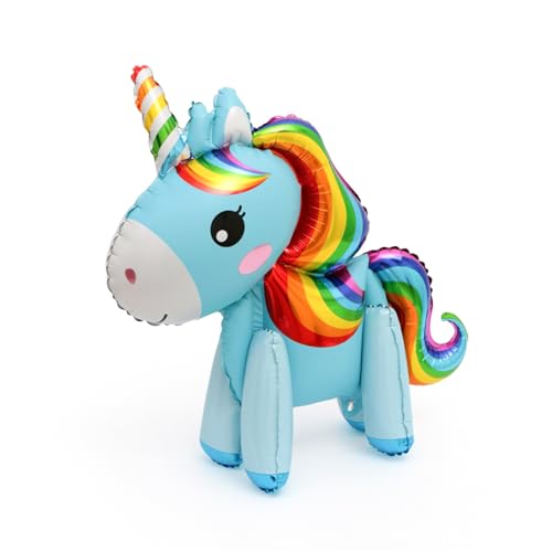 Aufblasbares Einhorn Luftballon, Blau mit Regenbogenmähne, Folienballon Einhorn, Stehend Einhorn Deko, Kindergeburtstag Partydekoration für Kindergeburtstag von Tourima