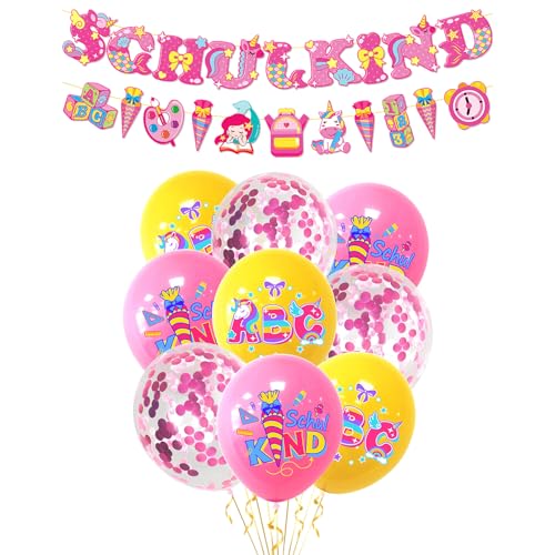 Einschulung Mädchen, Einschulung Deko, Rosa Einhorn Schulanfang Deko Mädchen Set, SCHULKIND Banner + 9 Luftballons 30cm mit Konfetti, Rosa und Gelb Schulanfang Dekorations set von Tourima