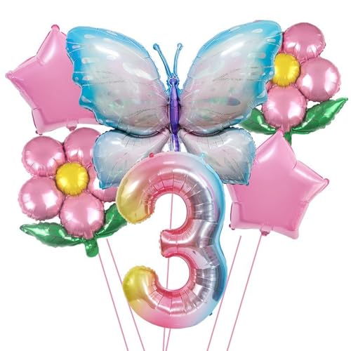 Festlicher Folienballon-Set, Schmetterling und Blumen Design, 74x100cm Schmetterling, 52x45cm Blumen, 18 Zoll Sterne, Rosa-Blau von Tourima
