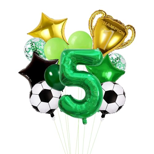 Fußball-Geburtstagsballon-Set, 5. Geburtstag, 32 inch Grüne Nummer 5, Pokal, Fußbälle, Sterne, Konfetti-Ballons, 13-Teiliges Set mit Band von Tourima