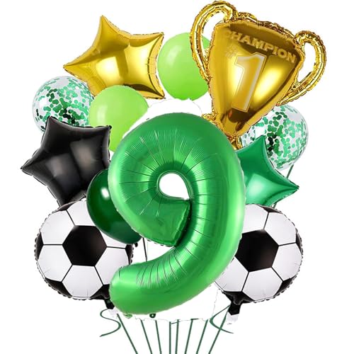 Fußball-Geburtstagsballon-Set, 9. Geburtstag, 32inch Grüne Nummer 9, Pokal, Fußbälle, Sterne, Konfetti-Ballons, 13-Teiliges Set mit Band von Tourima