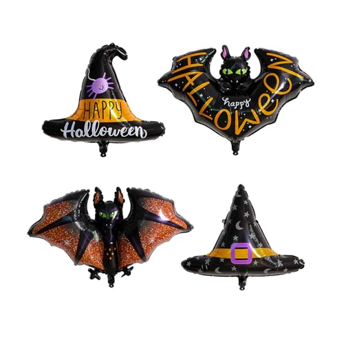 Halloween Folienballons Set, 4 Stück, Hexenhut und Fledermaus Design, Schwarz-Orange, Party Dekoration Halloween Folienballons Set, 4 Stück, Hexenhut und Fledermaus Design, Schwarz-Orange, Party Dekoration von Tourima