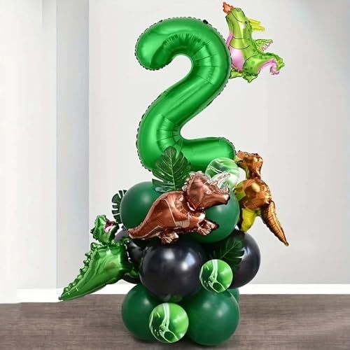 Tourima Dino Geburtstag Deko 2 Jahre Junge – Dinosaurier Luftballons Set mit Folienballon 2, Dino Ballon, Kindergeburtstag Deko, Geschenk für 2-jährigen Jungen, Geburtstagsdeko Jungen Grün von Tourima