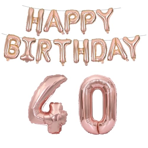 Tourima 40 Geburtstag Deko Banner Luftballons, 40 Zoll Nummer 40 Luftballons für Deko 40 Geburtstag Mann Frauen, Roségold Happy Birthday Geburtstagsdeko, Luftballons Helium Geeignet Deko von Tourima
