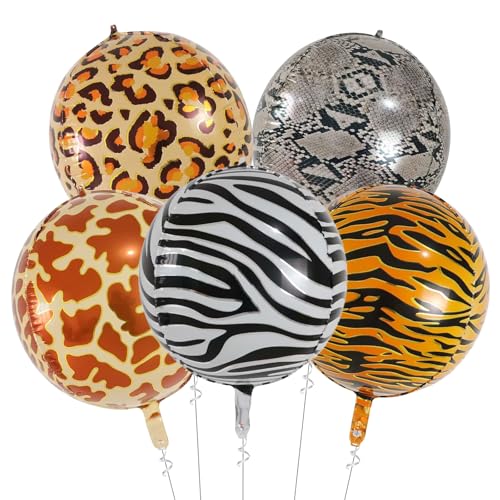 Tourima 5 Stück Tier Luftballons, 4D Folienballon Tier Zebra, Giraffe, Leopard, Tiger & Schlange Muster, Helium Luftballons Geburtstag Kinder, Dschungel Deko, Party Animals Helium Ballons Safari Party von Tourima