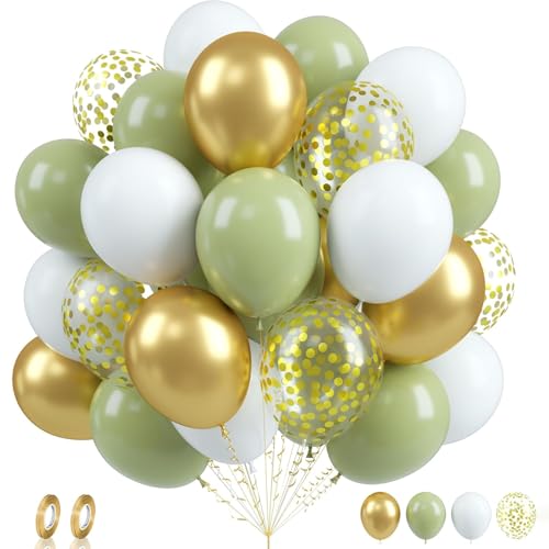 Tourima 60 Stück Luftballons Grün Set 12 Zoll Grün Weiß Gold Konfetti Helium Luftballons Geburtstag Hochzeit Ballons Girlande Deko Salbeigrün Eukalyptus Helium geeignet für Party Ballon Deko von Tourima