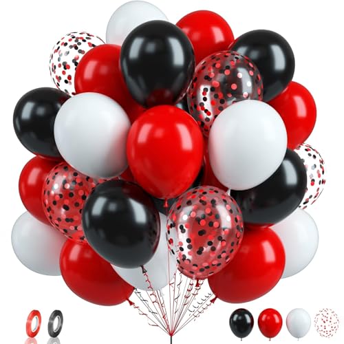 Tourima 60 Stück Rote Weiß und Schwarze Luftballons Mit Konfetti, 10m Schwarzen Bändern für Geburtstag, Hochzeit, Ladybug Deko, Helium Ballon, Luftballon Girlande Set in Rote Ballons, Luftballons Rot von Tourima