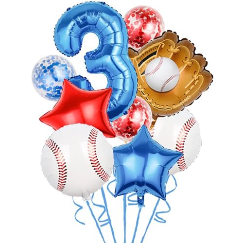 Tourima Baseball Geburtstagsballon-Set, 9-teilig, 81cm Nummer 3 in Blau, 54x50cm Baseball-Handschuh, 30cm Sterne & Baseball-Ballons, 30cm Konfetti-Ballons von Tourima