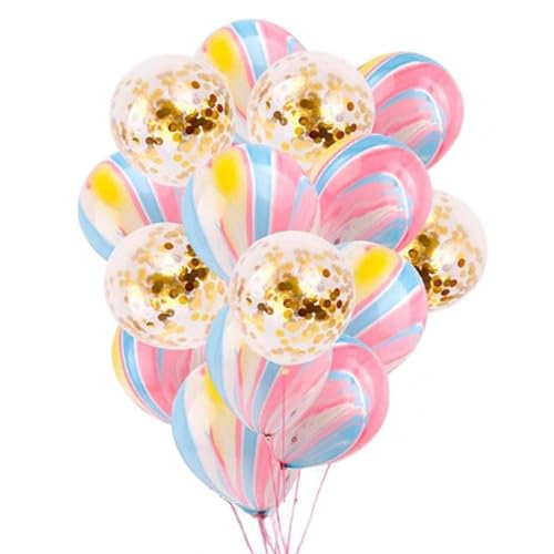 Tourima Festliche Luftballons Set, 15 Stück, 12inch Marmor-Optik Rosa-Blau-Gelb mit Goldenen Konfetti-Ballons, Party Dekoration Luftballons Geburtstag von Tourima