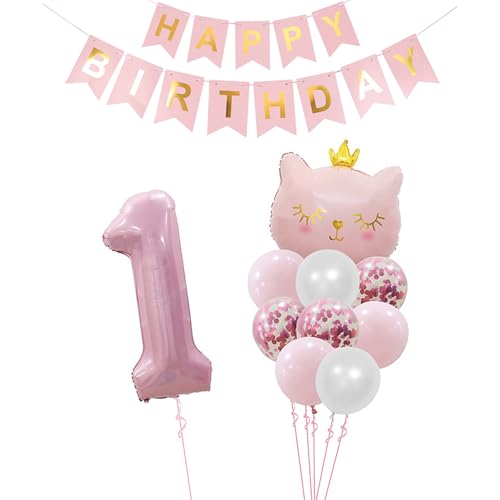 Tourima Geburtstagsdeko 1 Jahr Mädchen mit Happy Birthday Girlande, 1. Geburtstag Deko-Set, Rosa Katzen-Ballon, Happy Birthday Banner, Konfetti-Luftballons, Rosa & Weiß, 1.Geburtstag Mädchen Tourima Geburtstagsdeko 1 Jahr Mädchen mit Happy Birthday Girlande, 1. Geburtstag Deko-Set, Rosa Katzen-Ballon, Happy Birthday Banner, Konfetti-Luftballons, Rosa & Weiß, 1.Geburtstag Mädchen von Tourima