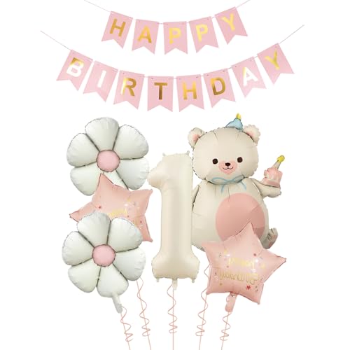 Tourima Geburtstagsdeko 1 Jahr Mädchen mit Happy Birthday Girlande, Folienballon 1 Geburtstag Mädchen, Ballon Deko 1.Geburtstag Mädchen, Luftballons 1 Jahr von Tourima