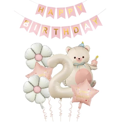 Tourima Geburtstagsdeko 2 Jahr Mädchen mit Happy Birthday Girlande, Folienballon 2 Geburtstag Mädchen, Ballon Deko 2.Geburtstag Mädchen, Luftballons 2 Jahr von Tourima