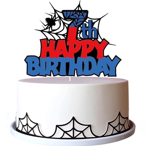 Tourima Glitzer Spider Happy Birthday Cake Topper Geburtstag 7 Jahre Junge, Tortendeko Geburtstag für Kinder, Geburtstagsdeko Jungen 7 Jahre, Kuchendeko für Kindergeburtstag Deko, Happy Birthday Deko von Tourima