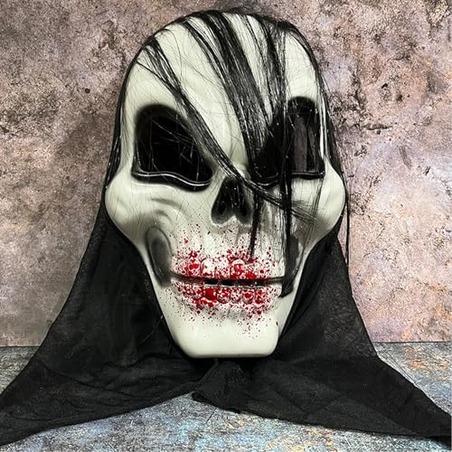 Tourima Halloween Maske Skelett 30x17cm mit Haaren – Horror Schädel Kopf Deko für Halloween Party Kinder & Erwachsene, Scary Geister & Gespenster Dekoration, Halloween Deko Indoor Outdoor Set von Tourima