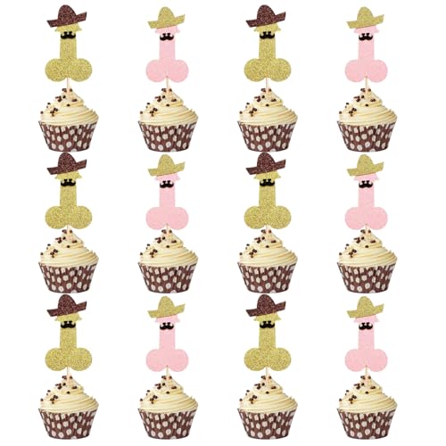 Tourima JGA Deko Frauen – 12x Cupcake Topper Gold & Pink mit Glitzer Hut & Bart, JGA Accessoires Frauen, Bride to Be Deko, Bachelorette Party Accessories, Jungesellinenabschied Braut, Jga Accessoires von Tourima