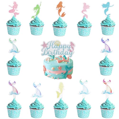 Tourima Meerjungfrau Tortendeko Set 13-teilig – Happy Birthday Cake Topper 15x7,4cm & Cupcake Deko – Meerjungfrau Geburtstag Deko Kinder, Kuchen Deko Mädchen, Unterwasserwelt Party von Tourima