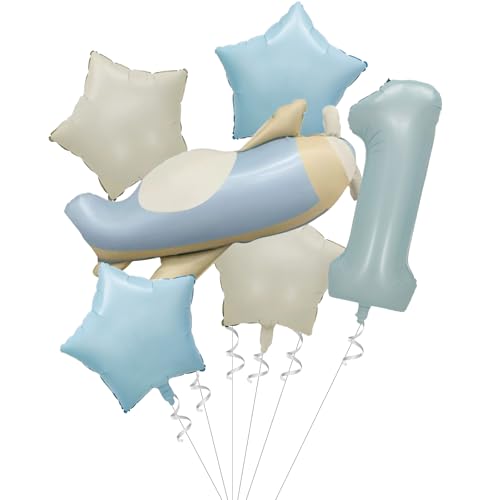 Tourima 6 Stück 1. Geburtstag Junge Flugzeug Luftballon Set, für Deko 1. Geburtstag Junge Mädchen, Geburtstagsdeko 1 Jahr, für Kindergeburtstag Deko Folienballon 1, First Birthday Decorations von Tourima