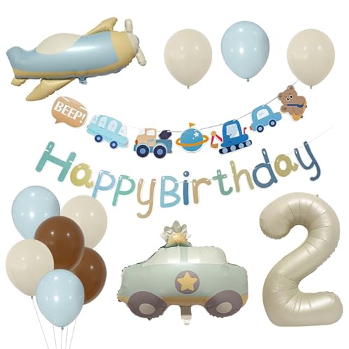 Tourima XXL Geburtstagsdeko 2 Jahre Junge Autos und Flugzeuge, Gilt für Geburtstag 2 Jahre Junge Kindergeburtstag Deko, Luftballon 2 Geburtstag Junge Happy Birthday Banner für Junge Party Dekoration von Tourima