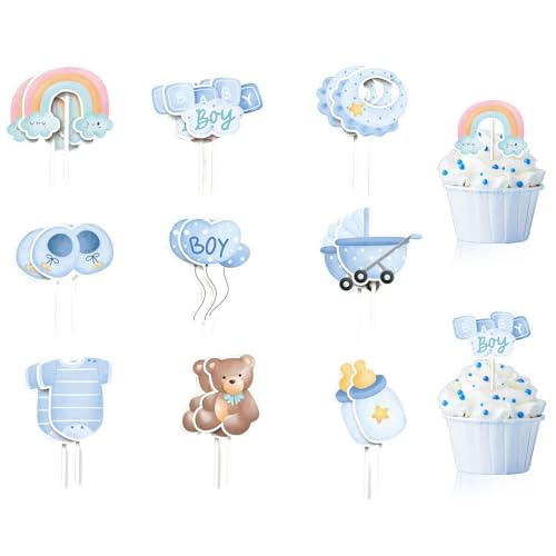 18 Stück Babyparty Tortendeko Taufe Junge,Babys Party Dekoration fur Babydusche,Baby Boy Deko Kuchens,Baby Jungen Kinder Geburtstag Kuchen Topper Papier Kuchen Picks Party Dekoration Zubehör von Tovbmup