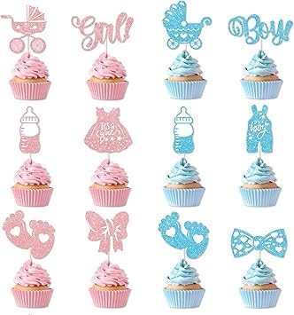 Cupcake-Topper für Jungen oder Mädchen, glitzernder Einteiler, Jumpsuit, Fußabdruck und Fliege, Cupcake-Picks für Babyparty, Kindergeburtstag und Geschlechtsoffenbarungsparty, 24 Stück von Tovbmup