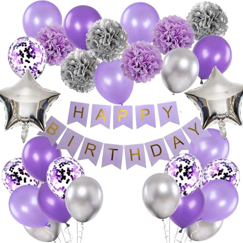 Lila Geburtstagsdekorationen für Frauen und Mädchen – Geburtstagsbanner, Luftballons, Pompons, Silberstern-Aluminiumfolienballon und Ballon-Set in Lila, Lavendel und Silber. Lila Geburtstagsdekorationen für Frauen und Mädchen – Geburtstagsbanner, Luftballons, Pompons, Silberstern-Aluminiumfolienballon und Ballon-Set in Lila, Lavendel und Silber. von Tovbmup