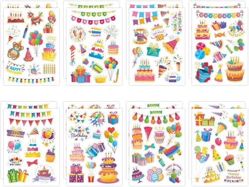 Tovbmup 16 Blatt Geburtstag Sticker für Kinder, Selbstklebende Aufkleber Geburtstag,Niedliche Geburtstag Aufkleber,für Gästebuch Party Dekoration, DIY Karten, Fotoalbum (8 Stile) von Tovbmup