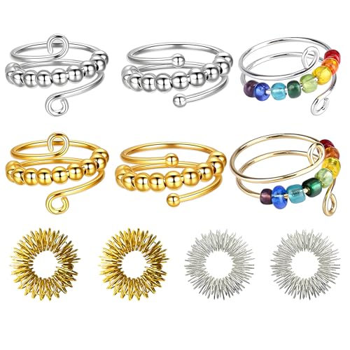 10 Stück Set Akupressur Ringe und Anti - Stress Ringe 2 goldene, 2 Silberne und 6 Offene Perlenperle Fidget Ringe, Anxiety Ring, Skill Ringe, für Ideal zur Entspannung und Angstreduzierung 10 Stück Set Akupressur Ringe und Anti - Stress Ringe 2 goldene, 2 Silberne und 6 Offene Perlenperle Fidget Ringe, Anxiety Ring, Skill Ringe, für Ideal zur Entspannung und Angstreduzierung von TownTop