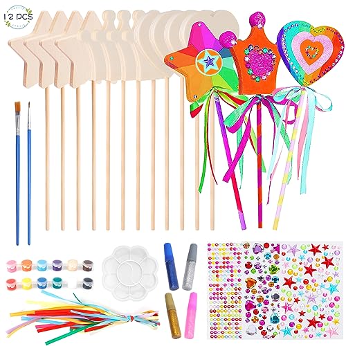 Towviy 12 Stück Holz Zauberstab Bastelset für Kinder, DIY Fee Prinzessin Zauberstab mit Werkzeuge, Party Mitgebsel, Kindergeburtstag Geschenk für Mädchen (3 Stile) von Towviy