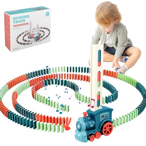 Towwoo Domino Zug Spielzeug, 200 Stuck 4 Farben Domino Baustein Blöcken Set, Automatischer Elektrischer Zug mit Licht und Ton Kinder Geschenk für Mädchen Jungen ab 3 Jahren von Towwoo