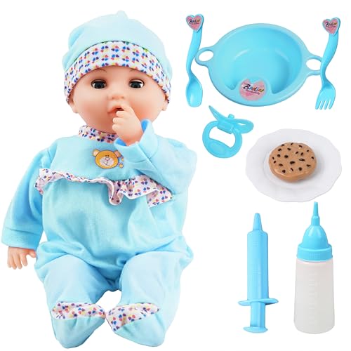 Toy Choi's Baby Puppe – Sprechende 40cm Puppen für Mädchen ab 2 Jahren mit Geräuschen und lustigem Fütterungszubehör, weiches Babypuppen Spielzeug für Kleinkinder und Kinder Blau von Toy Choi's