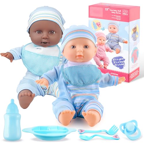 Toy Choi's Twin Puppe Set - 32cm Baby Puppen Für Kleinkinder ab 1 Jahr, mit Strampler und Hut, Schnuller und Puppenlätzchen, weiches Babypuppen Spielzeug Vorschulgeschenk | Blaues Outfit Puppen-Set von Toy Choi's