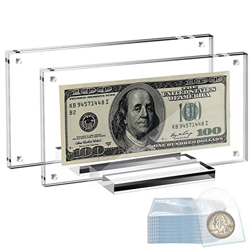 ToyaJeco 2 Stück Acryl-Dollar Geldscheinhalter, transparenter Geldscheinausstellungsrahmen, 18,5 x 8,6 cm Dollar Bill Case mit 50 Stück Münzklappen für normale Rechnungssammlungen von ToyaJeco